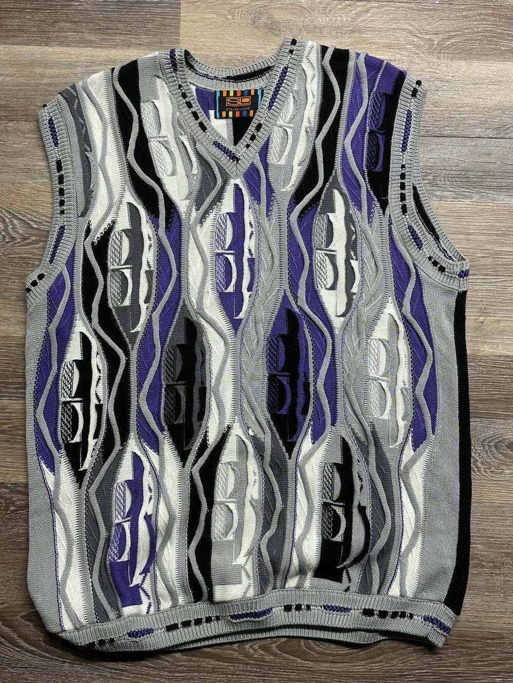 Steven Land Vintage 3D Coogi-Style Textured Knit Sweater Vest Purple Grey XL